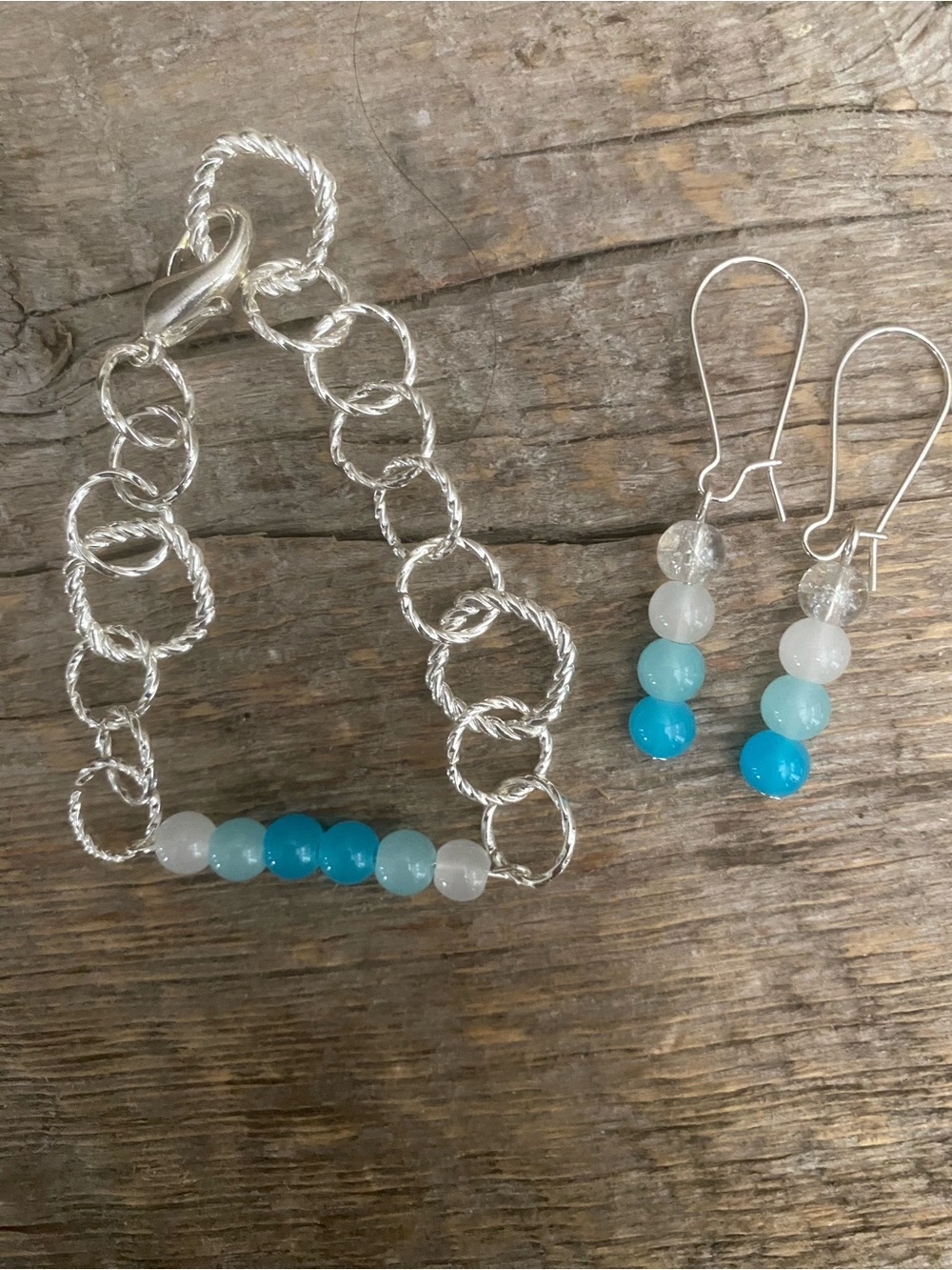 Handmade Silver-Tone Chain Bracelet & Earrings with Blue & White Glass Beads Set